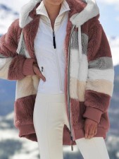 Plus Size Warm Plush Patchwork Zipper Hooded Loose Jacket GOFY-80160