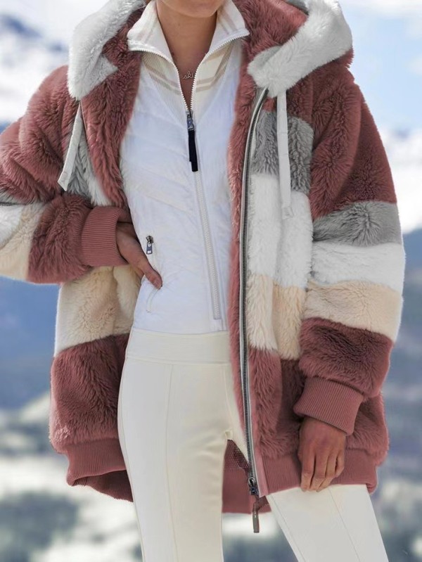 Plus Size Warm Plush Patchwork Zipper Hooded Loose Jacket GOFY-80160