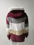 Plus Size Warm Plush Patchwork Zipper Hooded Loose Jacket GOFY-80160