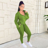 Solid Color Zipper Hooded Sport Two Piece Pants Set QXTF-8888