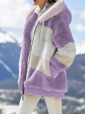 Plus Size Warm Plush Patchwork Zipper Hooded Loose Jacket GOFY-80160