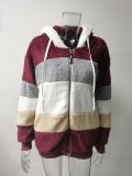 Plus Size Warm Plush Patchwork Zipper Hooded Loose Jacket GOFY-80160