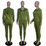 Solid Color Zipper Hooded Sport Two Piece Pants Set QXTF-8888