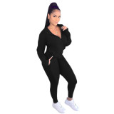 Solid Color Zipper Hooded Sport Two Piece Pants Set QXTF-8888