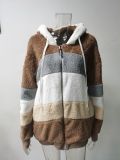 Plus Size Warm Plush Patchwork Zipper Hooded Loose Jacket GOFY-80160