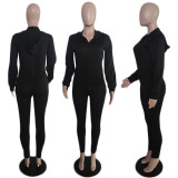 Solid Color Zipper Hooded Sport Two Piece Pants Set QXTF-8888