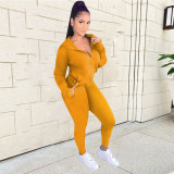 Solid Color Zipper Hooded Sport Two Piece Pants Set QXTF-8888