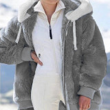 Plus Size Fashion Loose Plush Zipper Hooded Coat GOFY-9910
