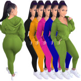 Solid Color Zipper Hooded Sport Two Piece Pants Set QXTF-8888