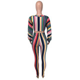 Stripe Print Crop Tops And Tight Pants Two Piece Set NK-9190