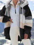 Plus Size Warm Plush Patchwork Zipper Hooded Loose Jacket GOFY-80160