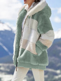 Plus Size Warm Plush Patchwork Zipper Hooded Loose Jacket GOFY-80160