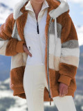 Plus Size Warm Plush Patchwork Zipper Hooded Loose Jacket GOFY-80160