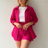 Long Sleeve Lapel Shirt Drawstring Shorts Two Piece Set GOFY-TZ2351