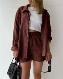 Long Sleeve Lapel Shirt Drawstring Shorts Two Piece Set GOFY-TZ2351