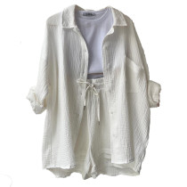 Long Sleeve Lapel Shirt Drawstring Shorts Two Piece Set GOFY-TZ2351