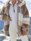 Plus Size Warm Plush Patchwork Zipper Hooded Loose Jacket GOFY-80160