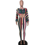 Stripe Print Crop Tops And Tight Pants Two Piece Set NK-9190