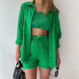 Long Sleeve Lapel Shirt Drawstring Shorts Two Piece Set GOFY-TZ2351