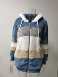 Plus Size Warm Plush Patchwork Zipper Hooded Loose Jacket GOFY-80160