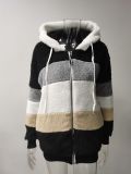 Plus Size Warm Plush Patchwork Zipper Hooded Loose Jacket GOFY-80160