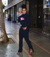 Letter Print Long Sleeve And Slit Pants Two Piece Set CXLF-8155