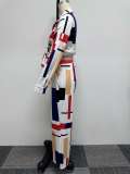 Plus Size Irregular Print Long Sleeve Shirt Two Piece Pants Set NY-10616