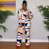 Plus Size Irregular Print Long Sleeve Shirt Two Piece Pants Set NY-10616