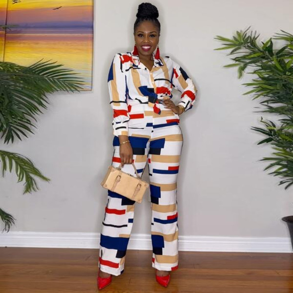Plus Size Irregular Print Long Sleeve Shirt Two Piece Pants Set NY-10616