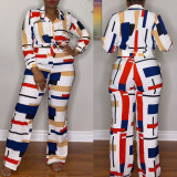 Plus Size Irregular Print Long Sleeve Shirt Two Piece Pants Set NY-10616
