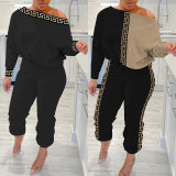 Patchwork Print Slash Shoulder Long Sleeve 2 Piece Set NY-10610