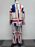 Plus Size Irregular Print Long Sleeve Shirt Two Piece Pants Set NY-10616