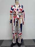 Plus Size Irregular Print Long Sleeve Shirt Two Piece Pants Set NY-10616