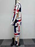 Plus Size Irregular Print Long Sleeve Shirt Two Piece Pants Set NY-10616