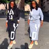 Plus Size Letter Print Long Sleeve Two Piece Skirts Set NY-10607