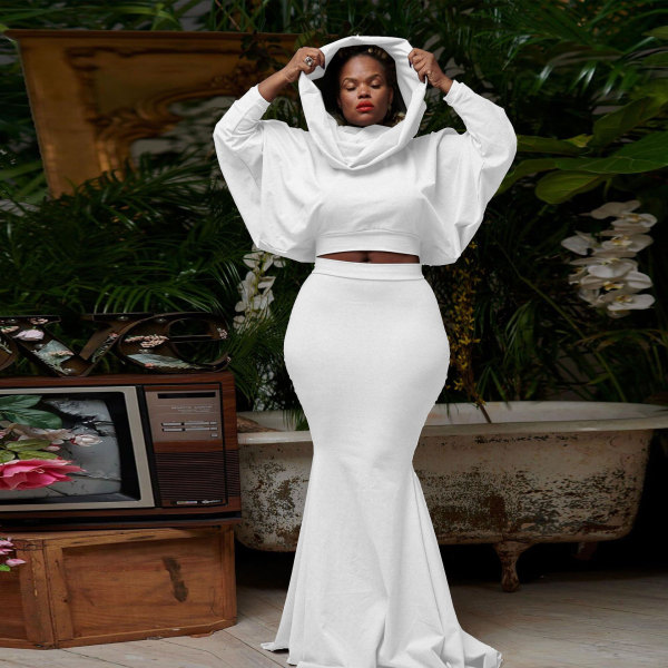 Plus Size Solid Color Hooded Fishtail Skirt Two Piece Set NY-10615