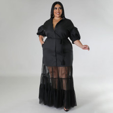 Plus Size Mesh Patchwork Short Sleeve Maxi Dress NNWF-7937
