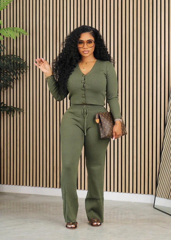 Casual Solid Color Woolen Knit Two Piece Pants Set MOF-8933