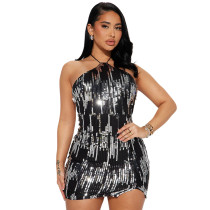 Sexy Tie Up Halter Backless Sequin Dress CYA-900760