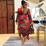 Plus Size Printed Ruffle Pleated Lantern Sleeve Midi Dress NY-10597