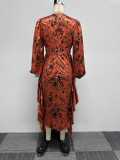 Plus Size Printed Ruffle Pleated Lantern Sleeve Midi Dress NY-10597