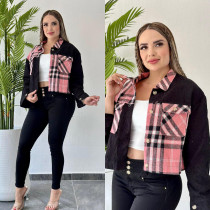 Corduroy Plaid Print Patchwork Casual Jacket CY-6154