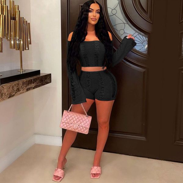 Sexy One Shoulder Hollow Out Backless Two Piece Shorts Set MDF-5383