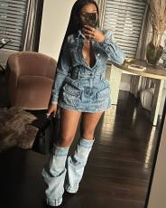 Fashion Multi-Pockets Denim MIni Dress(With Trouser Leg) NYF-8150