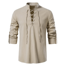 Men's Casual Beach Stand Collar Long Sleeve Shirt GXWF-gy