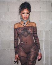 Sexy Mesh Print One Shoulder Bodysuit And Pants Two Piece Set XEF-36282