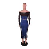 Fashion Mesh Patchwork Denim Two Piece Skirt Set BS-1356