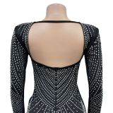 Solid Mesh Hot Drill Long Sleeve Mini Dress BY-6706