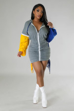 Fashion Zipper Hooded Patchwork Sleeve Bandage Dress YH-5303