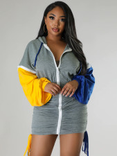 Fashion Zipper Hooded Patchwork Sleeve Bandage Dress YH-5303